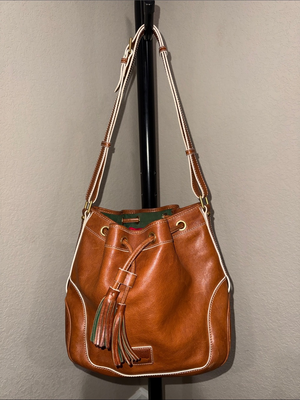 Dooney & Bourke Florentine Leather Natural Drawstring Hobo Bucket with Tassels